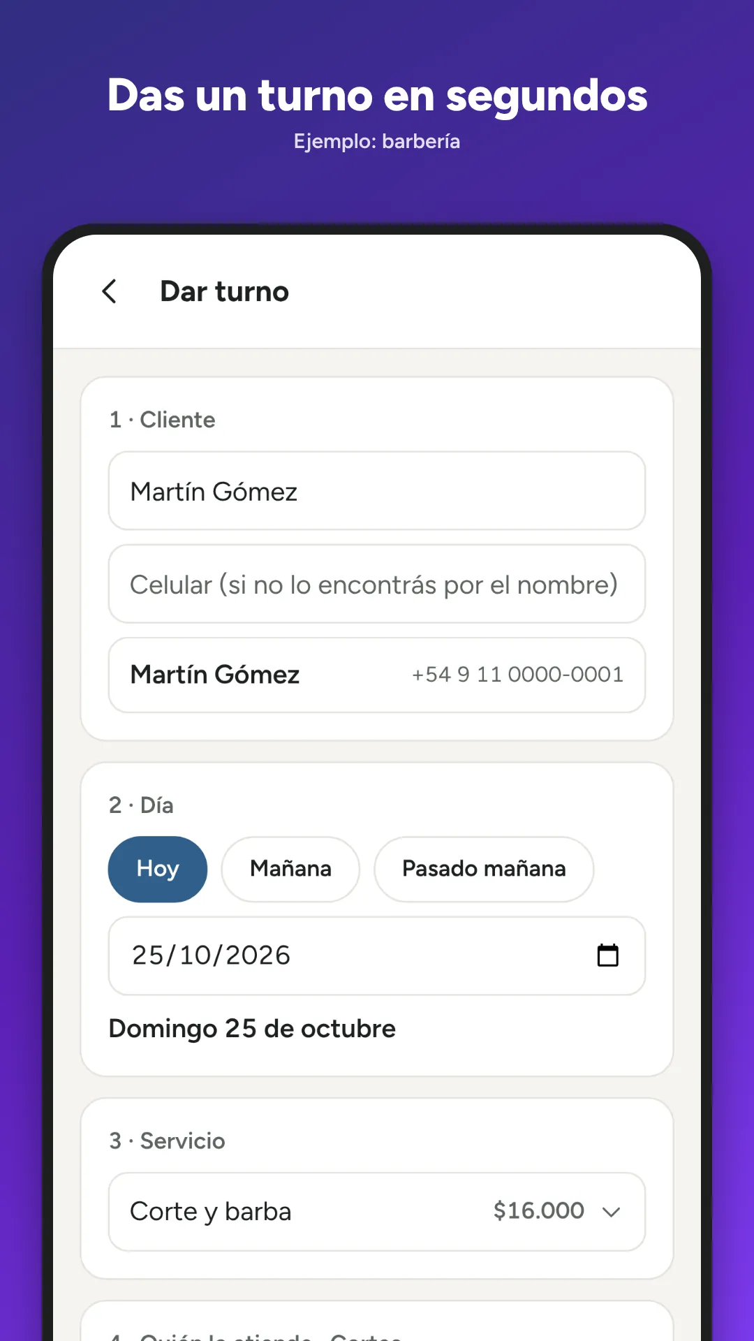 Dar un turno en una barbería: cliente, día, servicio, quién atiende y hora