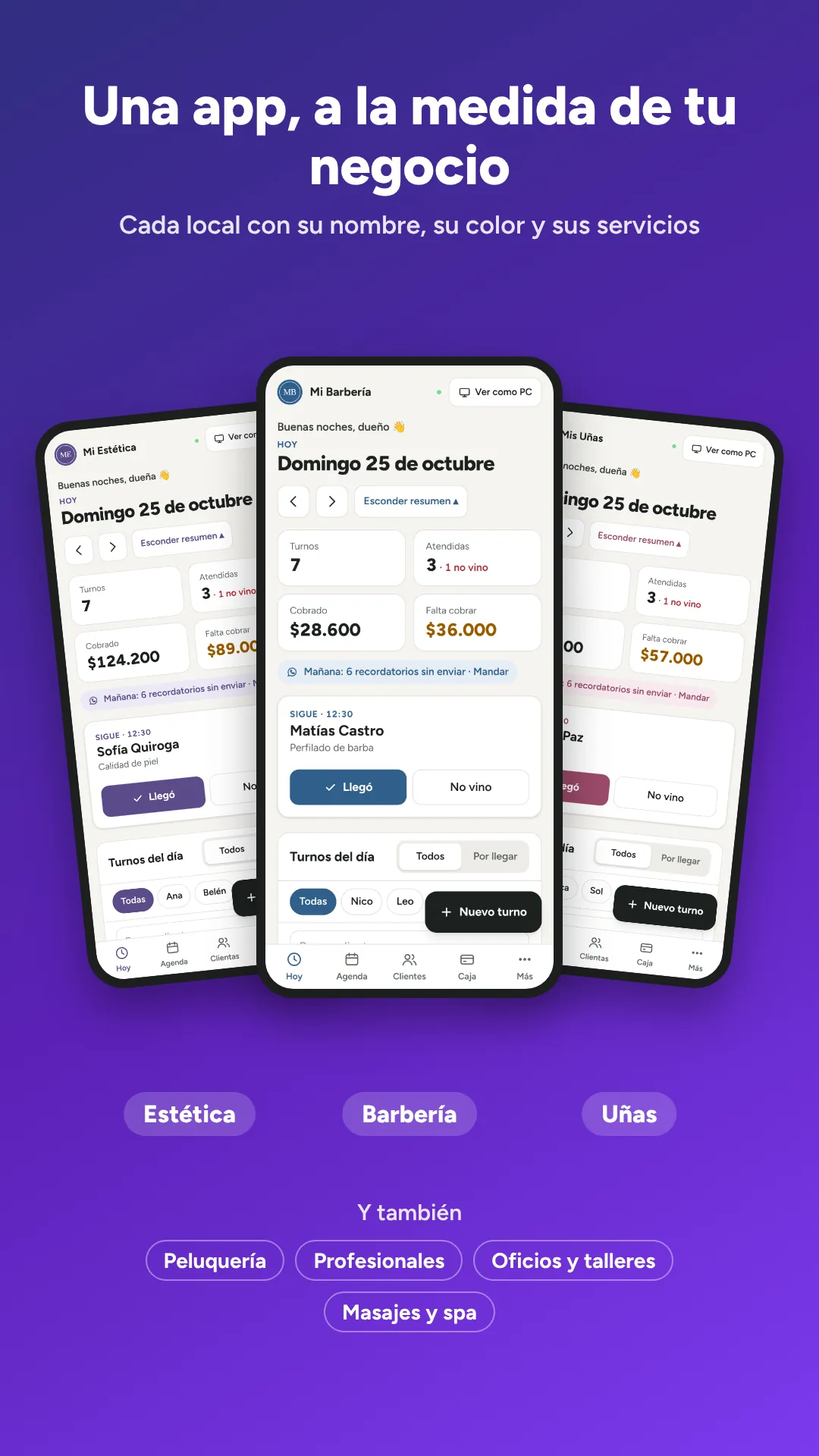Mi Agenda en una estética, una barbería y un local de uñas, y también para peluquerías, profesionales, oficios y talleres: cada uno con su nombre, su color y sus servicios